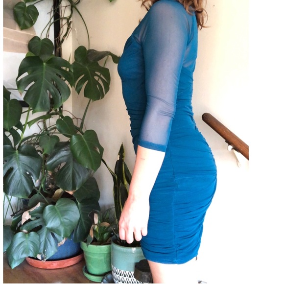 Bardot Ruched Mesh Bodycon Blue Mini Dress S - Picture 5 of 12